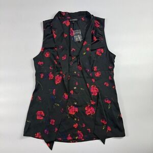 Express Blouse Top Womens Medium Black Red Floral Bow Tie Sleeveless Button Up